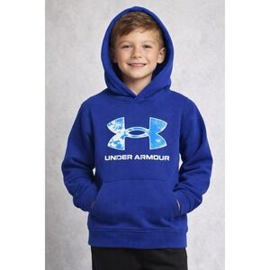 Under Armour Boys Youth 7 Blue Logo Hoodie Sweatshirt Fleece Pullover Athletic